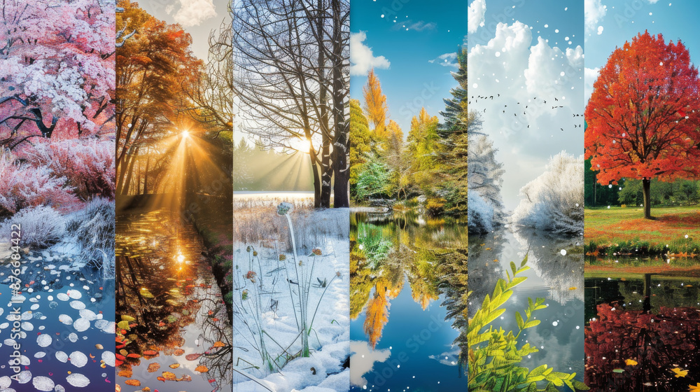 Wall mural Elements that reflect different seasons and weather conditions, like blooming flowers in spring, lush greenery in summer, colorful leaves in autumn, and snow-covered landscapes in winter. 