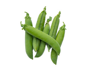 Fresh green peas isolated on a white background. A pile of pea pods. Pea harvest in the garden 