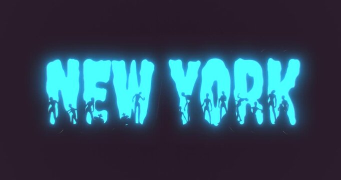 New York city name and zombie silhouettes on them. Halloween theme. Neon illumination