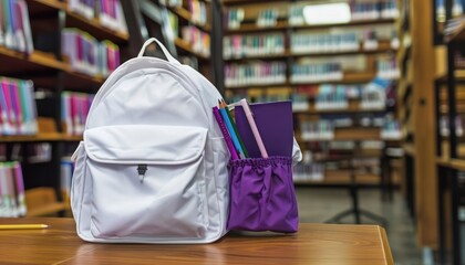 Modern library setting with a white backpack and purple stationery on a wooden table,