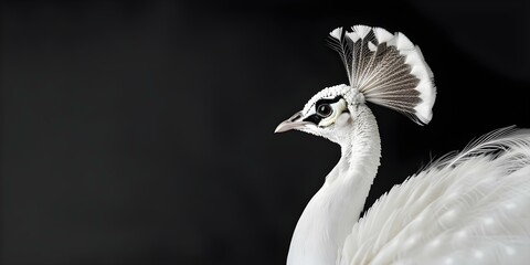 White peacock on black background for World Bird Day celebration. Concept Bird Photography, World Bird Day, White Peacock, Black Background, Celebration