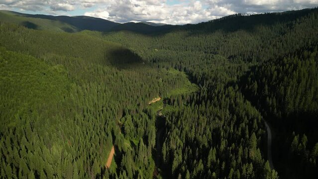 Aerial of Saint Joe National Forest mountains in Wallace Idaho in summer