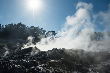 Fototapeta premium A geothermal geyser surrounded by colorful mineral deposits, its eruptions creating a mesmerizing display of nature's forces, Generative AI