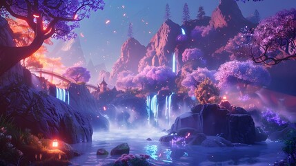 Enchanting Fairytale Landscape with Glowing Waterfalls and Mystical Mountains