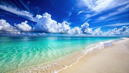 Fototapeta premium Beautiful and sunny beach scene with clear blue water and white sand, beach, sunny, beautiful, scenery, coastal, vacation