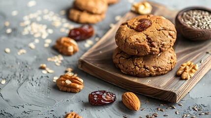 Healthy oatmeal cookies with dates nuts and flaxseed on a wooden board on a gray textured background