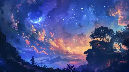 Fototapeta premium Enchanting Twilight Landscape with Silhouetted Trees and Glowing Celestial Skies