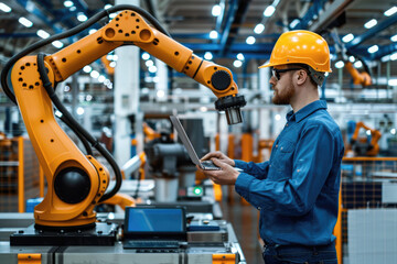 The male technician in the factory controls the robotic arm