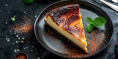 Topdown view of elegant burnt Basque cheesecake on dark plate. Concept Food Photography, Styling Tips, Dessert Presentation, Dark Backgrounds, Overhead Shots