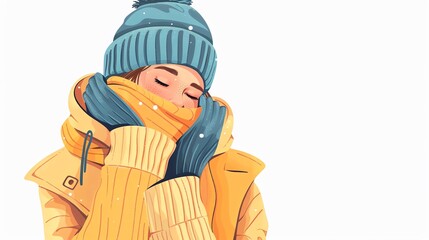 Illustration of a person bundled up in winter clothing, wearing a beanie, scarf, and gloves, enjoying the cold weather.