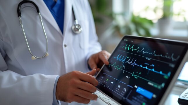 Doctor analyzing EKG data on digital tablet in hospital or clinic, Healthcare and medical technology concept.