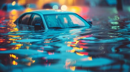 Impact of Hurricanes: Abstract Close-Up of Car in Floodwaters with Bright Background | Conceptual Environmental Disaster Image with Copy Space