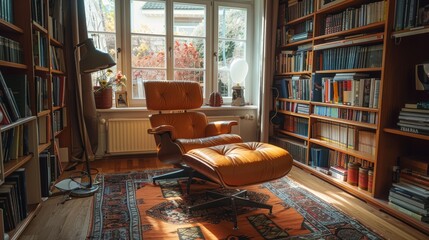 Cozy home library with a leather armchair and bookshelves bathed in sunlight. Concept of relaxation, reading, and intellectual pursuit.