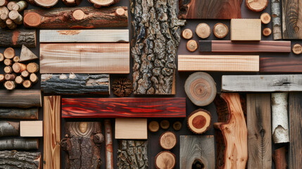 Various types of wood and raw materials arranged neatly, highlighting the natural beauty of different wood grains, textures, and colors. Include logs, planks, and small blocks of wood. 