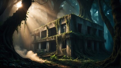 Obraz premium Sunlight shines on overgrown concrete building in jungle