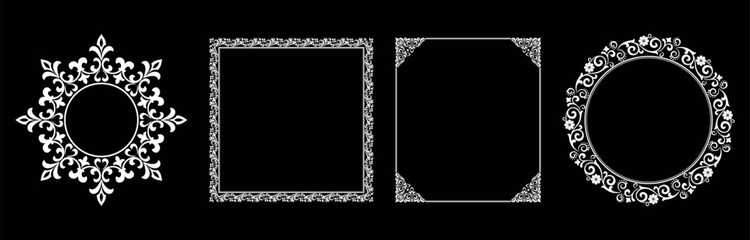 Set of decorative frames Elegant vector element for design in Eastern style, place for text. Floral black and white borders. Lace illustration for invitations and greeting cards.