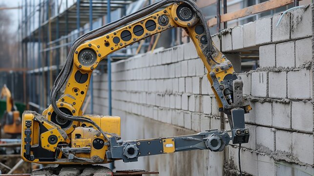 Robotic arm constructing a brick wall at a building site. Concept of advanced construction technology and automation in architecture.