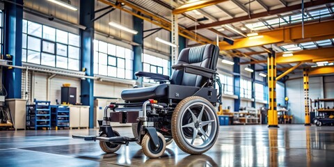 Obraz premium Powered wheelchair in a workshop setting, workshop, handicapped, disability, mobility, accessibility, technology