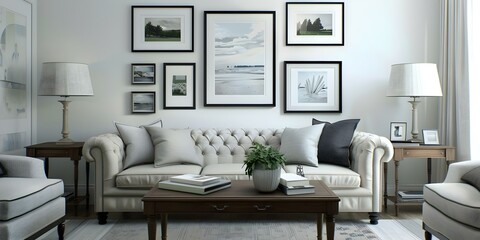 Charming English Country Cottage Living Room with a Gallery Wall of Framed Art. Concept English Cottage Decor, Gallery Wall, Framed Art, Cozy Living Room, Traditional Furniture