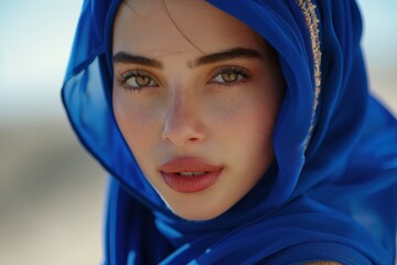 Fototapeta premium Close-up Portrait of a Young Woman in a Blue Headscarf