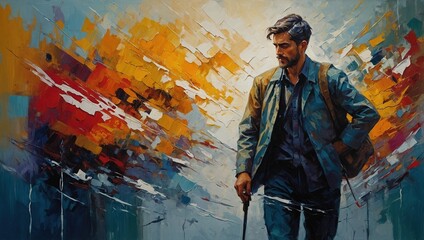 Painting depicts man walking using cane with colorful background