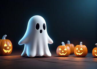 Spooky Cute 3D Ghost with Halloween Carved Pumpkins