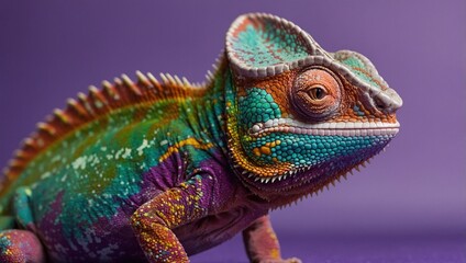 Obraz premium Majestic chameleon displaying a spectrum of hues on a luxurious purple canvas