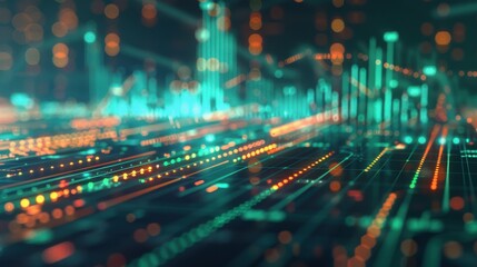 Double Exposure Financial Data Analysis: Double exposure of detailed financial data analysis with multiple green and red graph lines indicating market trends and fluctuations on a digital screen.