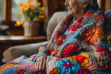 A woman is sitting on a couch with a colorful quilt draped over her