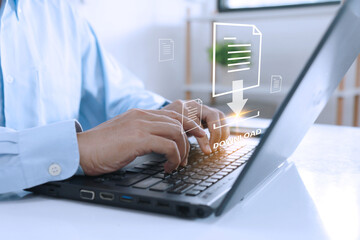 Businessman downloads company information or technology documents. Store data backup system cyber...