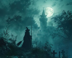 Naklejka premium A witch is walking through a graveyard at night with a broom