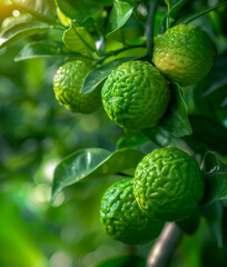 Obraz premium A close-up of a bunch of round, green bergamot fruits hanging from a tree branch