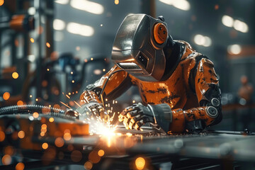 The humanoid robot is welding in the workshop