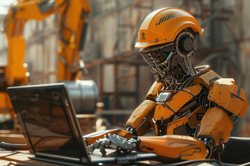 Fototapeta premium In the factory workshop, humanoid robots are operating laptops