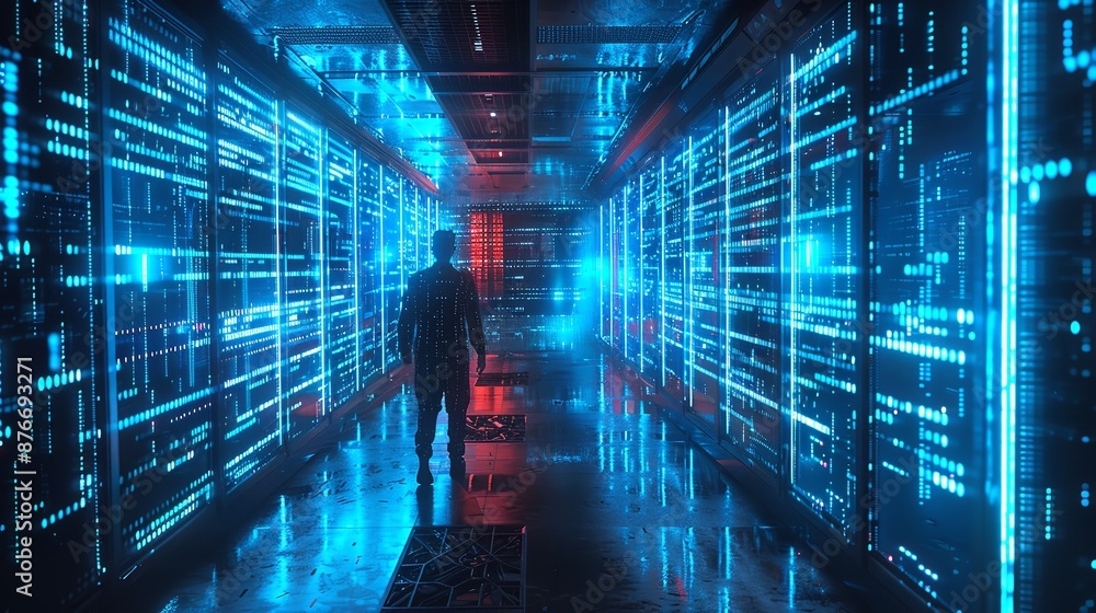Poster woman looking at computer blue screen with charts and data. programming, coding, testing