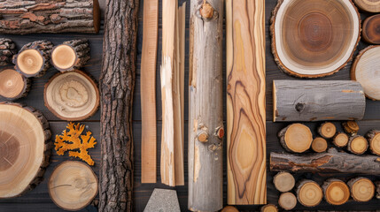 Various types of wood and raw materials arranged neatly, highlighting the natural beauty of different wood grains, textures, and colors. Include logs, planks, and small blocks of wood. 