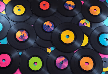 Colorful vinyl records stacked together, showcasing vibrant labels. Music themed designs, retro party promotions, or nostalgic audio equipment advertisements.