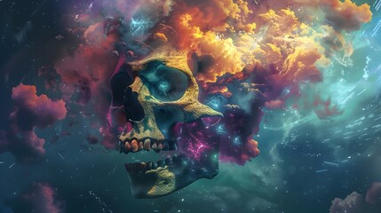 Explosive Skull Erupting in Cosmic Flames and Ethereal Clouds