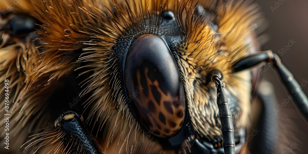 Poster macro photography reveals intricate patterns and unique structure of a honeybee's eye. concept macro