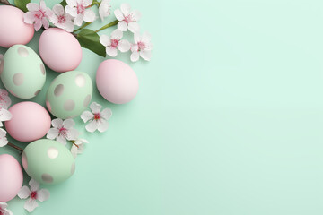 Obraz premium Œufs de Pâques pastels colorés en rose et vert avec des taches argentées, avec fleurs de cerisier sur fond vert menthe espace négatif copyspace pour Pâques juives, orthodoxes ou chrétiennes