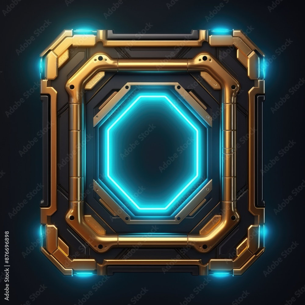 Poster abstract picture of beautiful geometric shape portal with digital style neon light reflecting set al