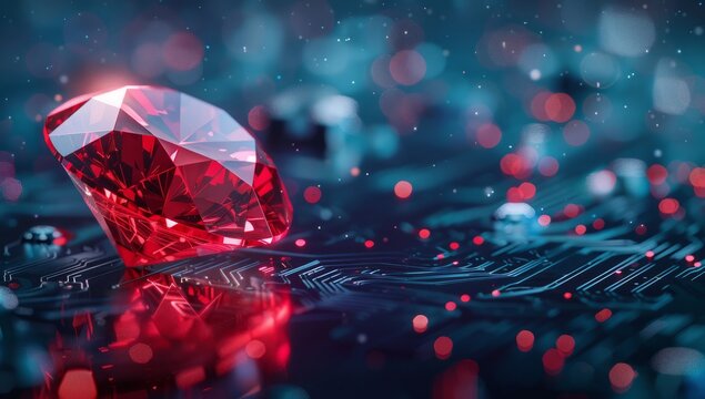 Ruby stone placed on a rail track, symbolizing the Ruby on Rails programming language