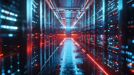 Fototapeta premium Abstract futuristic technology abstract background with lines for network, big data, data center, server, internet, speed. dark blue and red neon lights into digital technology