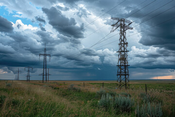 Electric poles and high-voltage wire towers in the fields