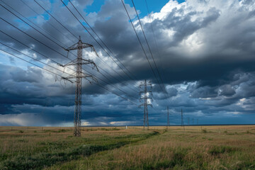 Electric poles and high-voltage wire towers in the fields