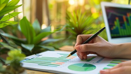Corporate auditor reviewing sustainability reports in a modern office. ESG reporting and business analysis concept with focus on sustainability and corporate governance