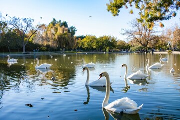 A grand pond adorned with elegant swans gracefully gliding across its surface, adding to its air of regal splendor, Generative AI
