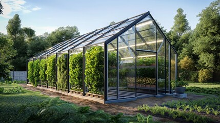 Obraz premium Modern greenhouse with vertical gardening in a lush backyard garden. Concept of sustainable living, organic farming, and horticulture