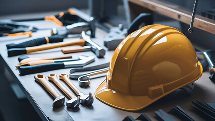 Fototapeta premium Safety and health work safety equipment worker background set with construction industry tools generative ai