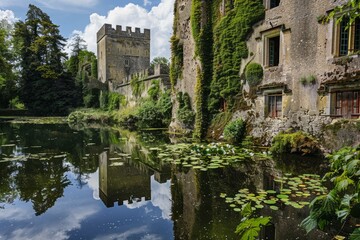 Obraz premium A grand pond overlooked by an ancient castle, its ivy-covered walls casting enchanting reflections in the shimmering water, Generative AI 